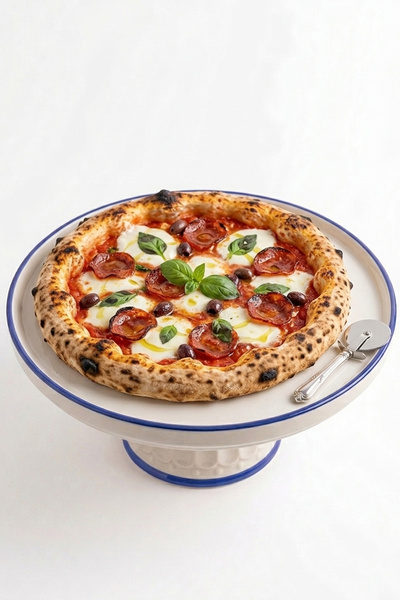 evcime El Yapımı Ayaklı Seramik Sunum Tabağı & Pasta Standı - Mandala Desenli - 20 cm - Mavi Yeşil Beyaz