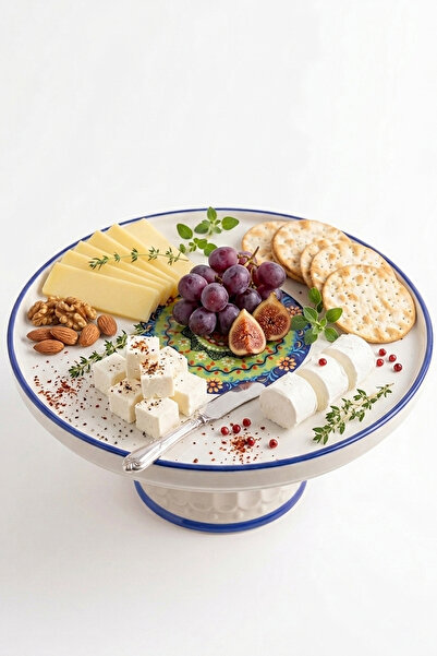 evcime El Yapımı Ayaklı Seramik Sunum Tabağı & Pasta Standı - Mandala Desenli - 20 cm - Mavi Yeşil Beyaz