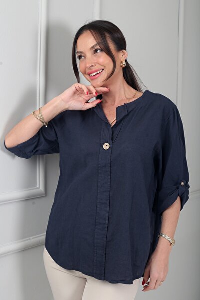 By Saygı Γυναικεία μπλούζα με λεπτομέρειες στα κουμπιά, ιταλική βαμβακερή, ov...