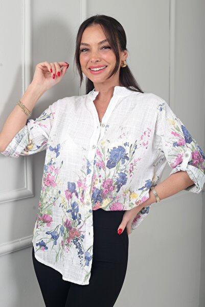 By Saygı Γυναικείο πουκάμισο με φλοράλ σχέδιο από ιταλικό βαμβάκι σε μεγάλο μ...