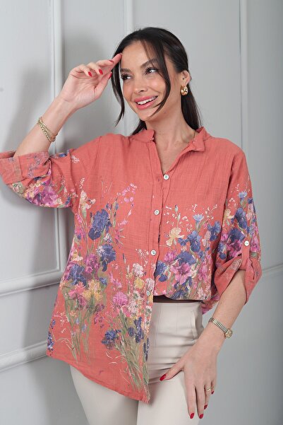 By Saygı Γυναικείο πουκάμισο με φλοράλ σχέδιο από ιταλικό βαμβάκι σε μεγάλο μ...