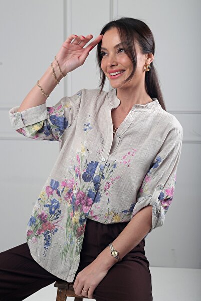 By Saygı Γυναικείο πουκάμισο με φλοράλ σχέδιο από ιταλικό βαμβάκι σε μεγάλο μ...