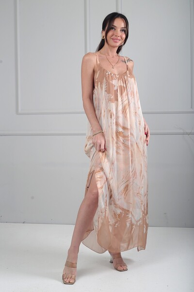 By Saygı Γυναικείο μακρύ φόρεμα από ιταλικό μετάξι με μαρμάρινο σχέδιο και λε...