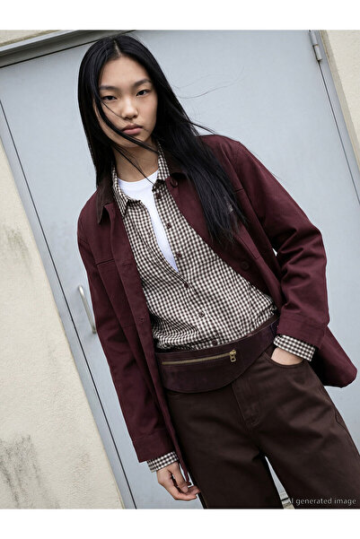 LC Waikiki Nevavm with Difference Lcw Modest Burgundy Shirt Collar Women's Ja...