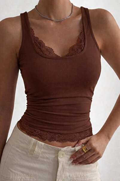 EVOA Γυναικεία καφέ μπλούζα με τετράγωνο γιακά και δαντέλα, κομψή