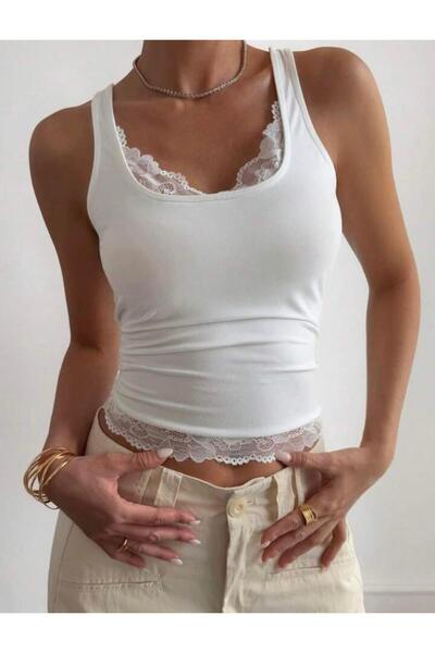 EVOA Γυναικεία κομψή μπλούζα με λευκό τετράγωνο γιακά και δαντέλα