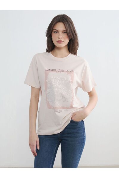 LC Waikiki Γυναικείο μπλουζάκι με στάμπα LCW Vision Crew Neck