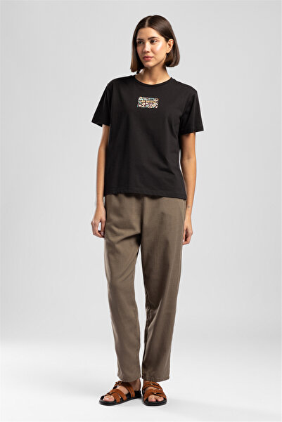 Lee Cooper Νέο γυναικείο μπλουζάκι με στάμπα και λαιμόκοψη ποδηλάτου, μαύρο