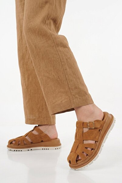 Voyager Γυναικείες παντόφλες από γνήσιο δέρμα Tan Suede Z797 Z