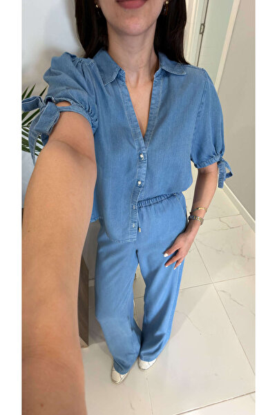 BİRCANÇİL ZR Sivia Μπλε Τζιν Πουκάμισο με Λεπτομέρεια Δεσίματος στα Μανίκια