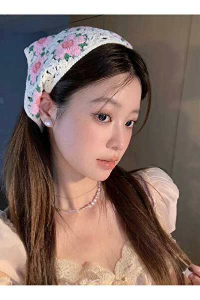 LİNACO Kadın El Örgüsü Çiçekli Crochet Bandana Bohem Saç Aksesuarı Bandana