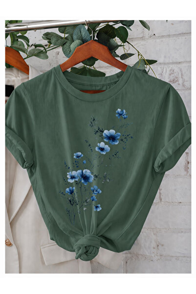 EYAX MODA Blue Flowers Printed Oversize T-Shirt / Tee-Shirt