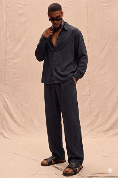 Tarz Cool Ανδρικό Μαύρο Σετ Πουκάμισο και Παντελόνι από Ύφασμα Tencel Oversiz...