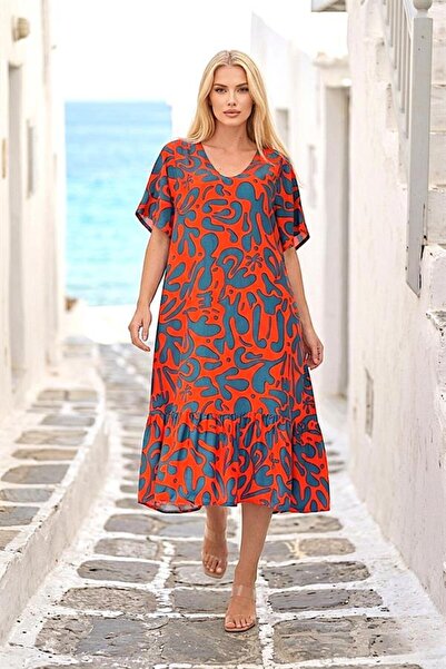 Generic Brand Orange Patterned V-Neck Midi Dress with Pockets and Ruffles