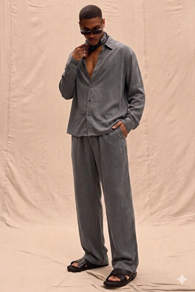 Tarz Cool Ανδρικό Σετ Πουκάμισο και Παντελόνι από Ύφασμα Smoked Tencel Oversi...