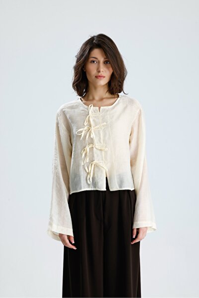 minaaise Women's Yellow Tencel Fabric Blouse with Lace Detail and Buttons 31043