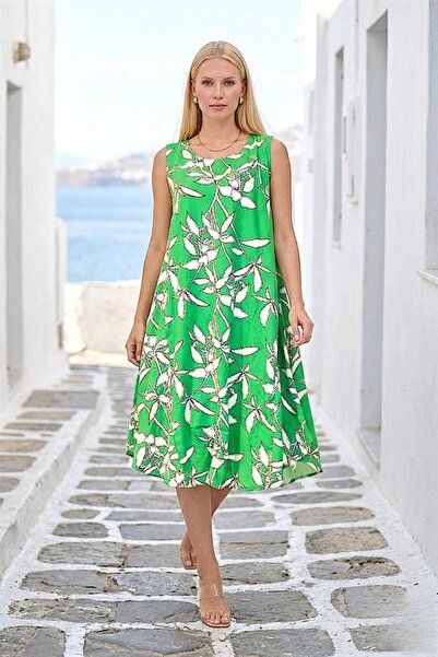 MODANI SEÇ Green Floral U-Neck Strap Midi Dress