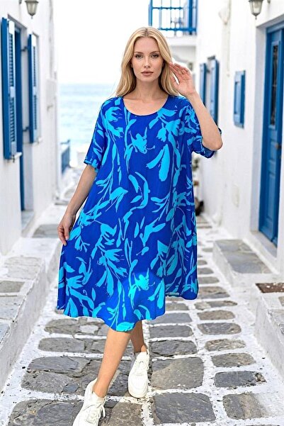 MODANI SEÇ Blue Patterned Round Neck Short Sleeve Midi Dress