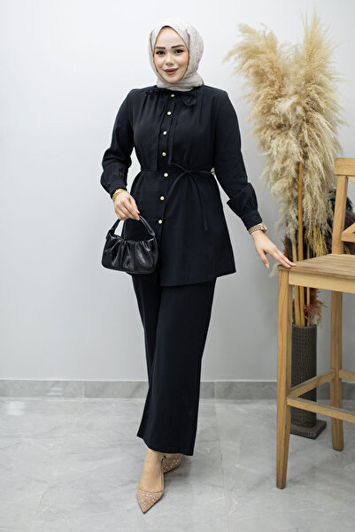 Tesettür Dünyası Διπλό Σετ με Λεπτομέρεια Δεσίματος στο Γιακά TSD260179 Μαύρο