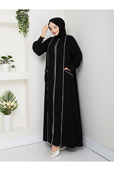 moda4b Medine İpeği Fermuarlı Kadın Ferace Eşarplı 2’li Takım Şık ve Rahat a-...