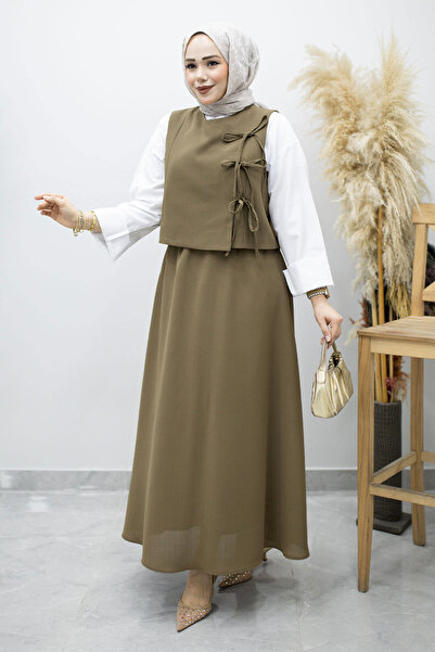 Tesettür Dünyası Σετ Γιλέκο με Δέσιμο και Σακάκι TSD260189 Χακί