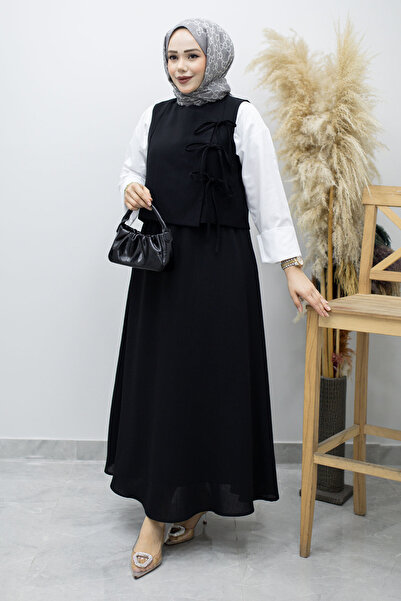 Tesettür Dünyası Σετ Γιλέκου με Δέσιμο και Γιλέκο TSD260189 Μαύρο