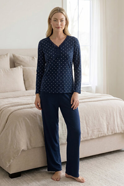 Roza Pijama Bamboo Long Sleeve Collar Lace Detailed Women's Pajama Set Roza045