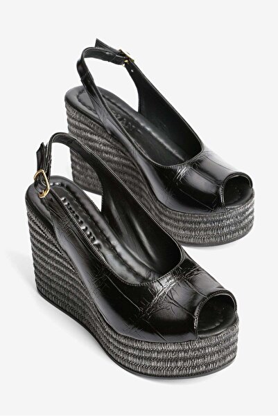 Mubiano Γυναικεία Σανδάλια με Τακούνι Σφήνα, Μοτίβο Κροκόδειλου, Καρίνα Μαύρο