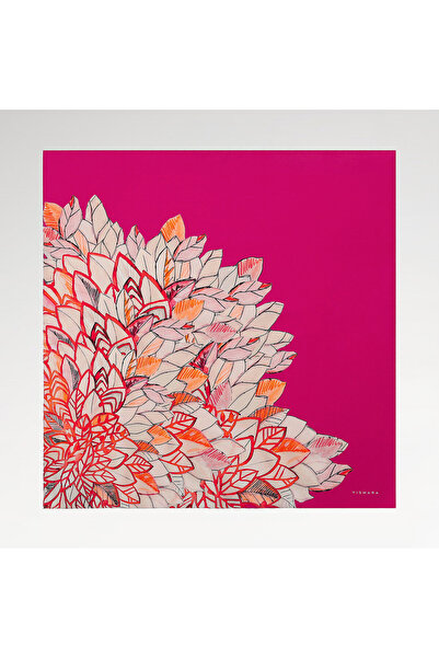 Vismara Fuşya Floral Yaprak Desenli Twill İpek Eşarp