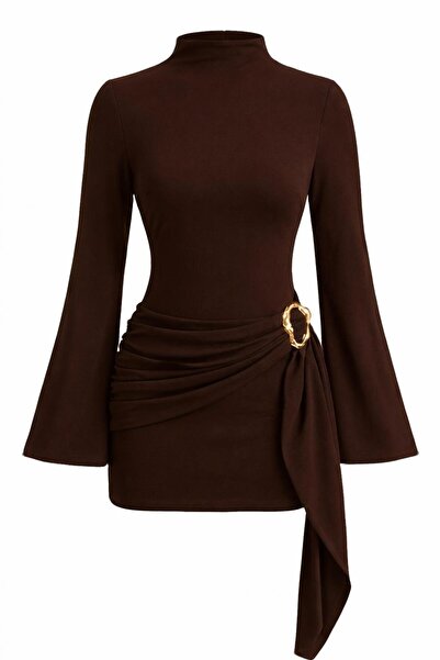 SevdeUgur Γυναικείο κομψό μίνι φόρεμα με ψηλό γιακά, λεπτομέρεια με αγκράφα κ...