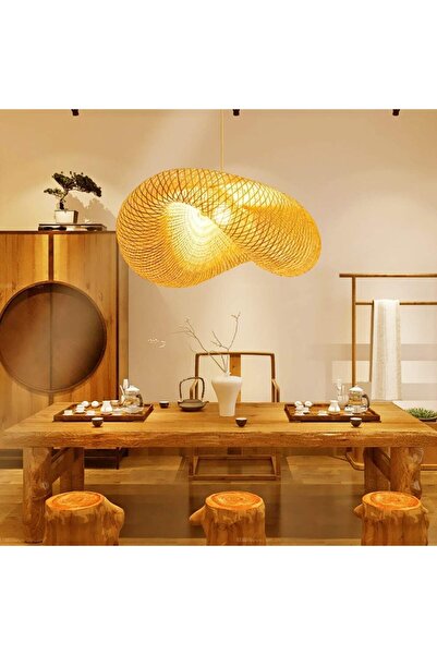 Generic Modern Bamboo Woven Pendant Light, Cloud Shape Design, Asian Style Hanging Lamp for Dining Room