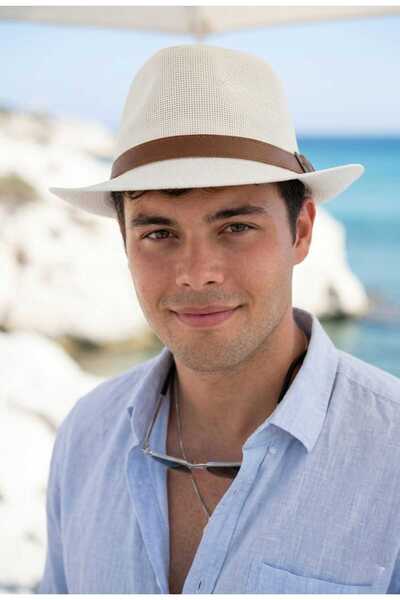 LAGRANZE Δερμάτινο ριγέ κλασικό καπέλο Trilby για Παραλία και Πόλη ΑΝΔΡΙΚΟ