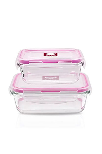 Generic Glass Storage Food Container 2Pcs 600+400ml With Pink Silicone Lid Cl...