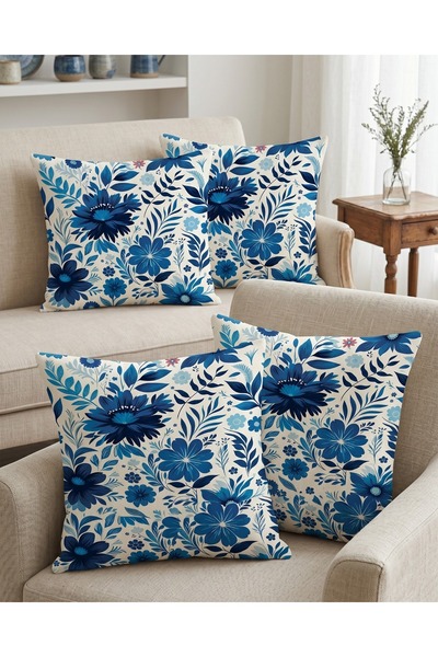 menesahome Blue Floral Patterned Digital Printed Decorative 4-Piece Throw Pil...