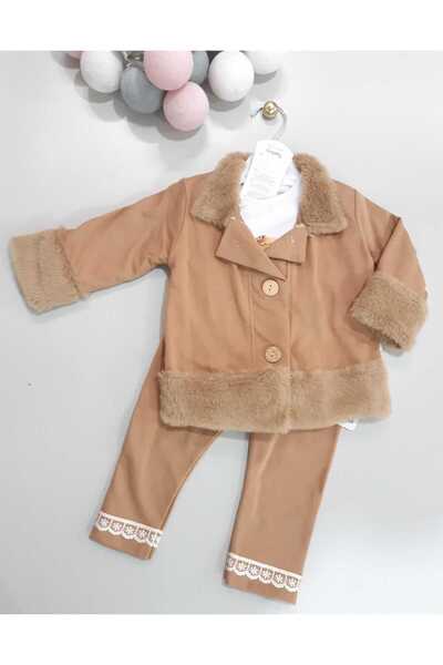 Sönmez Baby Fur-Designed Jacket, Blazer and Pants Three-Piece Girls' Baby Chi...