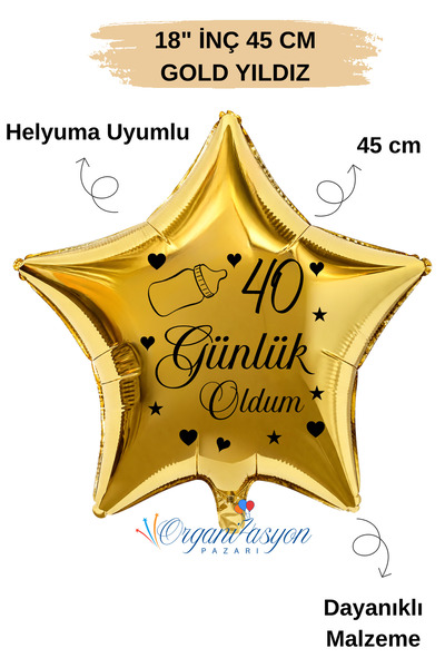 Organizasyon Pazarı 18 Inch Gold Star Foil Balloon |   I'M 40 Now |   Baby Bo...
