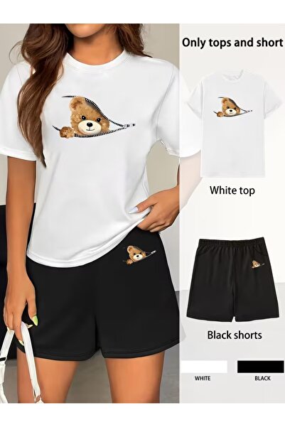 puolikuu Γυναικεία φόρμα oversized με ΣΟΡΤΣ, μπλουζάκι με στάμπα αρκουδάκι - ...
