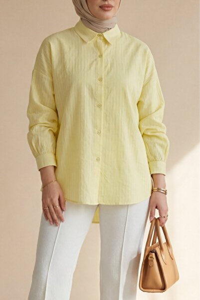 Modamorfo Long Backline Patterned Buttoned Loose Shirt - Yellow