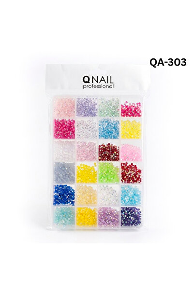 QNAİL PROFESSİONAL 24 Bölmeli Renkli Tırnak Taşı Seti Nail Art Süsleme Boncuk...