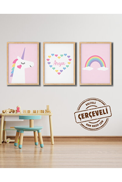 tablomaxtbx Kişiye Özel İsimli Gerçek Ahşap Unicorn Gökkuşağı Çerçeveli Dekor...
