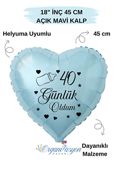 Organizasyon Pazarı 18 inç Açık Mavi Kalp Folyo Balon | 40 Günlük Oldum | Bib...