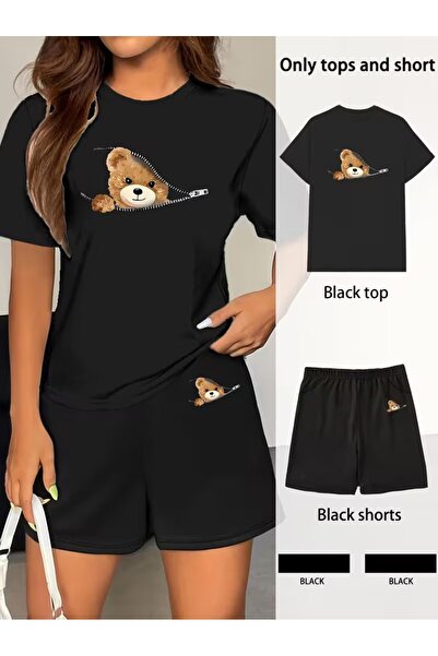 puolikuu Γυναικεία φόρμα oversized με ΣΟΡΤΣ, μπλουζάκι με στάμπα αρκουδάκι - ...