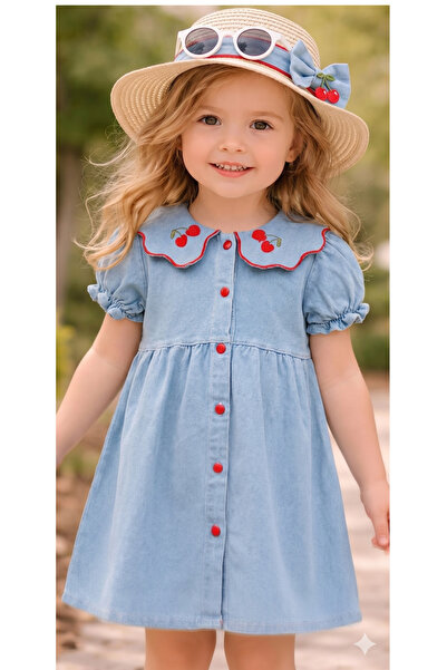 MYZİ STORE Rochie din denim pentru fetițe, cu broderie cireșe, mâneci cu vola...