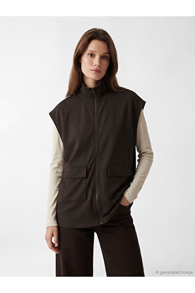 LC Waikiki Lcw Modest Brown High Collar Oversize Drawstring Women's Vest