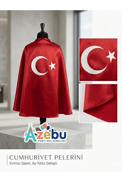 Azebu Türk Bayrağı Motifli Saten Pelerin, Cumhuriyet Bayramı, 23 Nisan Kırmızı Gösteri Pelerini