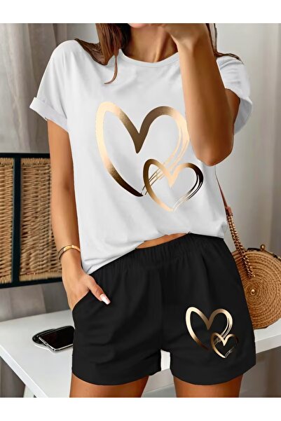 puolikuu Γυναικεία φόρμα oversized με ΣΟΡΤΣ, μπλουζάκι με στάμπα διπλής καρδι...