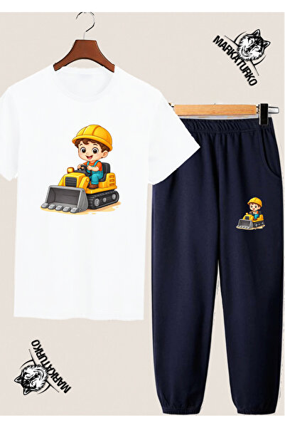 MarkaTurko Working Machine Children Special Design White T-Shirt-Dark Blue Sw...