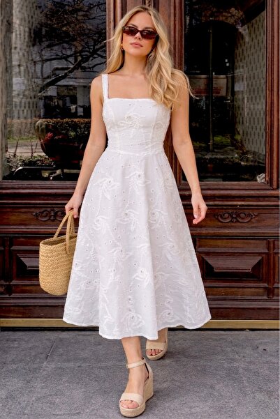 MoonliWear Γυναικείο Λευκό Φόρεμα με Κέντημα και Τιράντες, Καλοκαιρινό Κομψό ...