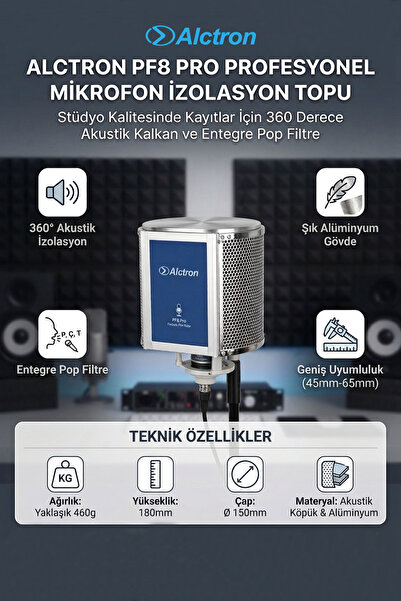 ALCTRON PF8 Pro Pop Filtre - Mikrofon Ses Yalıtım Paneli