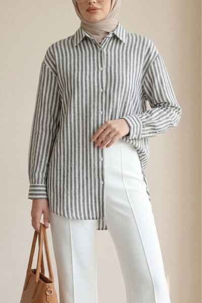 Modamorfo Πουκάμισο από λινό με ρίγες και κουμπιά στο πάτωμα - μαύρο